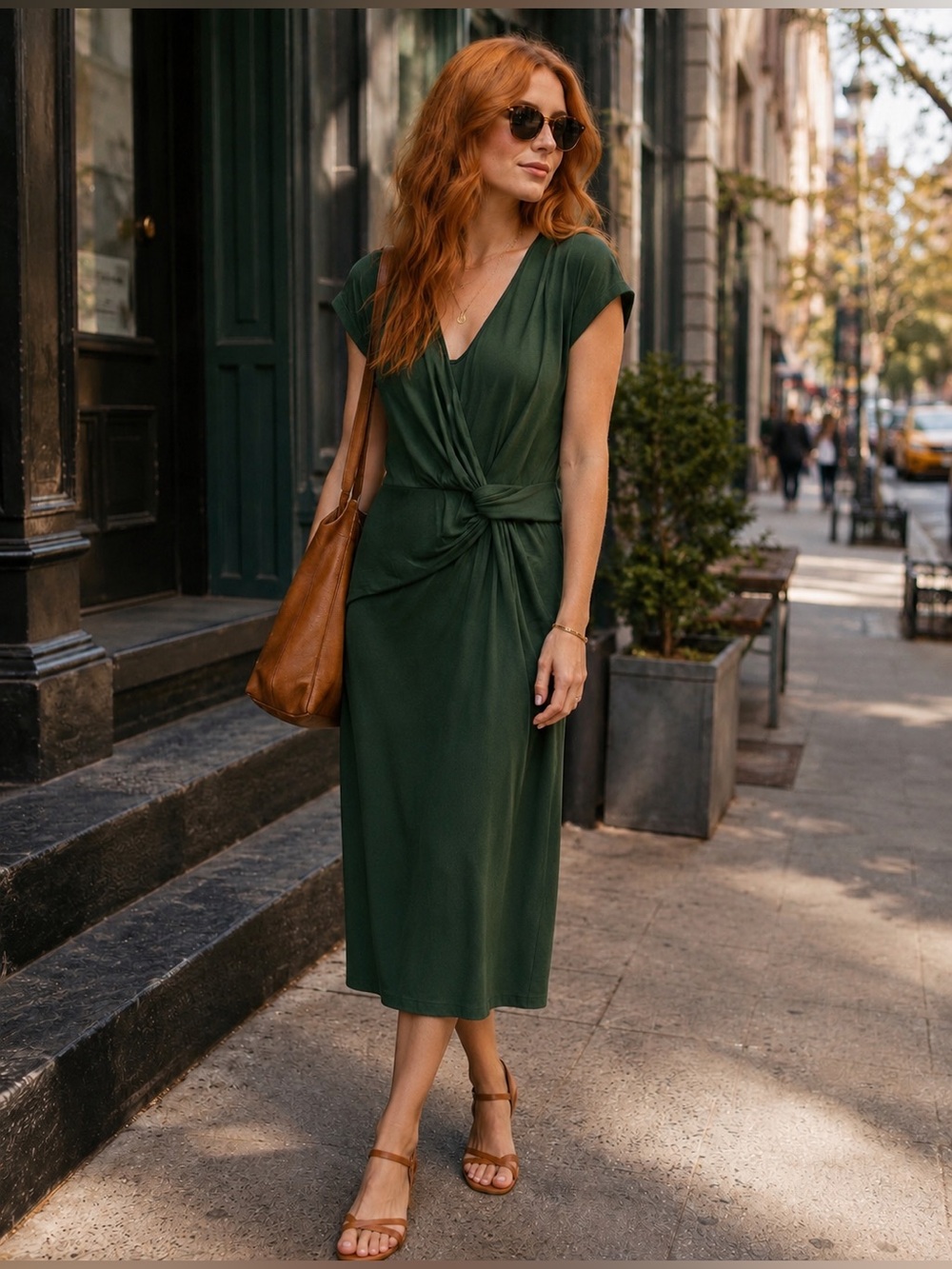 Amour Vert Deep Green Knot-Front Midi Dress